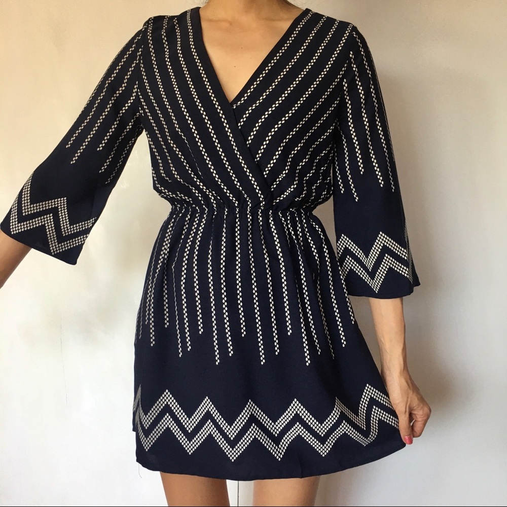 NEW flattening dark blue navy stripe geo dot print wrap design dress S